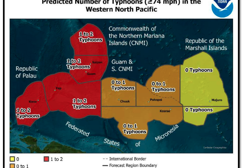 A graphic showing predicted number of typhoons in the Western North Pacific